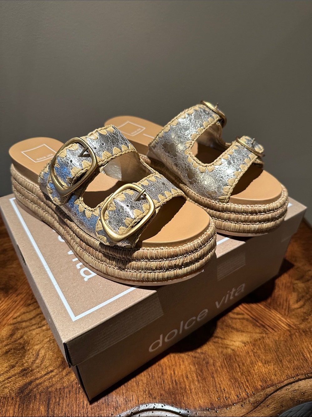 Dolce Vita Silver Metallic Double Buckle Espadrille Slide Sandals